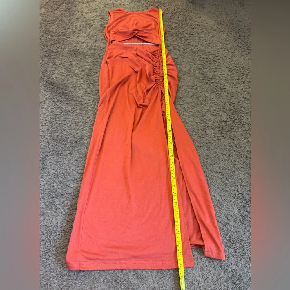 2 FOR $25 Orange Cut Out Knot Front Ruched Midi Dress Stretchy Size S M - Picture 6 of 8